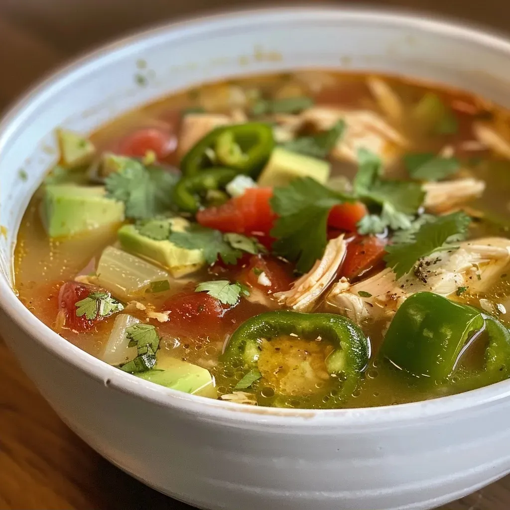 ['Close-up view of a bowl of Chicken and Lime Soup, featuring green cilantro and slices of avocado.', 'Side view of a steaming bowl of vibrant Chicken and Lime Soup with fresh lime and diced tomatoes.', 'Juicy Chicken and Lime Soup displayed in a bowl, garnished with avocado and cilantro.', 'Close-up photo of colorful ingredients in Chicken and Lime Soup, showcasing jalapeño and lime slices.']