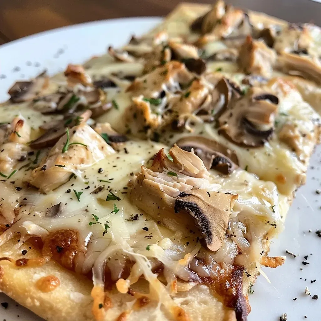 ['Close-up of a Chicken and Mushroom Flatbread topped with melted cheese and herbs.', 'Side view of juicy Chicken and Mushroom Flatbread, showcasing chicken, mushrooms, and cheese.', 'Delicious Chicken and Mushroom Flatbread with a crispy base and fresh ingredients.', 'A mouthwatering Chicken and Mushroom Flatbread, highlighting the savory toppings and golden edges.']