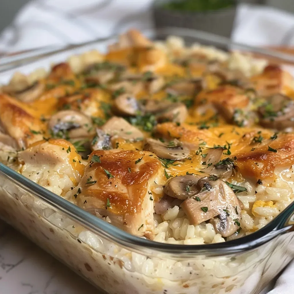 ['Close-up of a creamy Chicken and Rice Casserole with chunks of chicken and rice.', 'Side view of Chicken and Rice Casserole showing its layered ingredients.', 'Juicy Chicken and Rice Casserole featuring a golden-brown top and creamy texture.', 'A dish of Chicken and Rice Casserole, highlighting the succulent chicken pieces.']