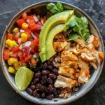 ['Close-up view of a colorful Chicken Burrito Bowl featuring sliced avocado and mixed greens.', 'Side view of a Chicken Burrito Bowl filled with chicken, rice, beans, and fresh vegetables.', 'A vibrant Chicken Burrito Bowl showcasing a variety of ingredients including cherry tomatoes and jalapeños.', 'Juicy Chicken Burrito Bowl arranged with brown rice, corn, and garnished with cilantro.']