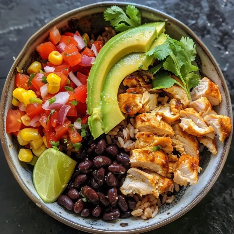 ['Close-up view of a colorful Chicken Burrito Bowl featuring sliced avocado and mixed greens.', 'Side view of a Chicken Burrito Bowl filled with chicken, rice, beans, and fresh vegetables.', 'A vibrant Chicken Burrito Bowl showcasing a variety of ingredients including cherry tomatoes and jalapeños.', 'Juicy Chicken Burrito Bowl arranged with brown rice, corn, and garnished with cilantro.']