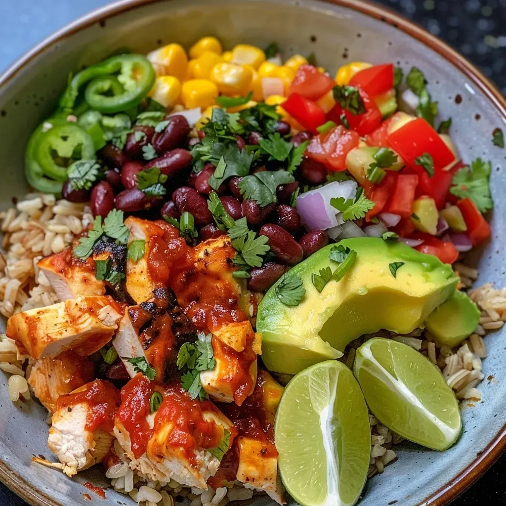 ['Close-up view of a colorful Chicken Burrito Bowl featuring sliced avocado and mixed greens.', 'Side view of a Chicken Burrito Bowl filled with chicken, rice, beans, and fresh vegetables.', 'A vibrant Chicken Burrito Bowl showcasing a variety of ingredients including cherry tomatoes and jalapeños.', 'Juicy Chicken Burrito Bowl arranged with brown rice, corn, and garnished with cilantro.']