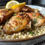 ['Close-up view of a plate of Chicken Couscous with vibrant colors.', 'Juicy Chicken Thighs served on a bed of pearl couscous, garnished with herbs.', 'Delicious Chicken Couscous dish featuring cooked chicken, couscous, and lemon slices.', 'Side view of Chicken Couscous showcasing tender chicken and fluffy couscous.']