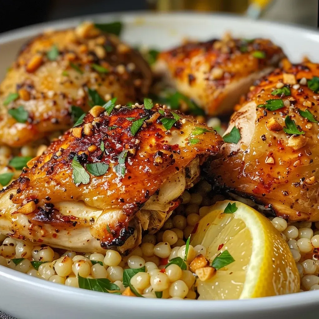 ['Close-up view of a plate of Chicken Couscous with vibrant colors.', 'Juicy Chicken Thighs served on a bed of pearl couscous, garnished with herbs.', 'Delicious Chicken Couscous dish featuring cooked chicken, couscous, and lemon slices.', 'Side view of Chicken Couscous showcasing tender chicken and fluffy couscous.']