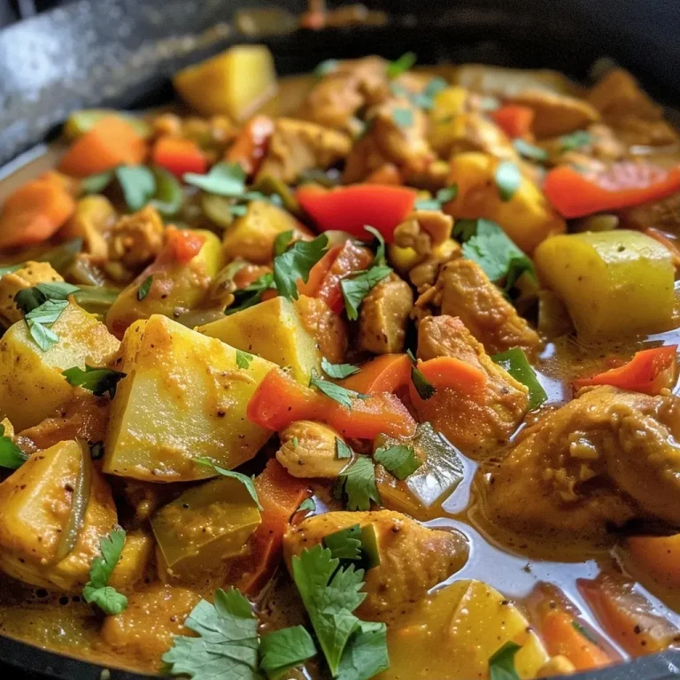['A vibrant bowl of chicken curry with colorful vegetables and spices, captured close-up.', 'Juicy chicken pieces surrounded by rich curry sauce and fresh vegetables, viewed from the side.', 'A delicious serving of chicken curry showcasing tender chicken and a variety of colorful ingredients.', 'A side view of chicken curry in a bowl, highlighting its creamy texture and colorful ingredients.']