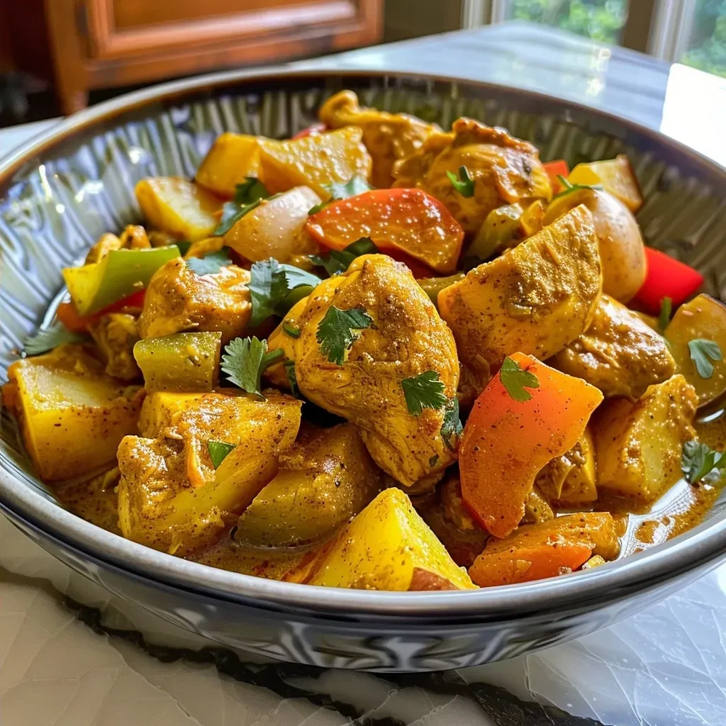 ['A vibrant bowl of chicken curry with colorful vegetables and spices, captured close-up.', 'Juicy chicken pieces surrounded by rich curry sauce and fresh vegetables, viewed from the side.', 'A delicious serving of chicken curry showcasing tender chicken and a variety of colorful ingredients.', 'A side view of chicken curry in a bowl, highlighting its creamy texture and colorful ingredients.']