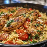 ['A vibrant close-up of Chicken Orzo featuring juicy chicken, colorful cherry tomatoes, and fresh spinach.', 'A side view of a delicious Chicken Orzo dish with tender chicken pieces and herbs, garnished with basil.', 'A detailed image of creamy Chicken Orzo showcasing orzo pasta, garlic, and cherry tomatoes, highlighting the textures.', 'An appetizing close-up of Chicken Orzo, displaying juicy chicken breast and a medley of fresh vegetables.']