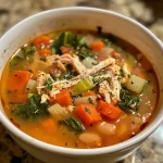 ['Close-up view of a bowl of Chicken Parmesan Soup with visible vegetables and herbs.', 'Side view of a creamy Chicken Parmesan Soup garnished with Parmesan cheese and kale.', 'Juicy Chicken Parmesan Soup featuring diced carrots, celery, and shredded chicken in a bowl.', 'Close-up of Chicken Parmesan Soup showcasing a delicious blend of ingredients and spices.']