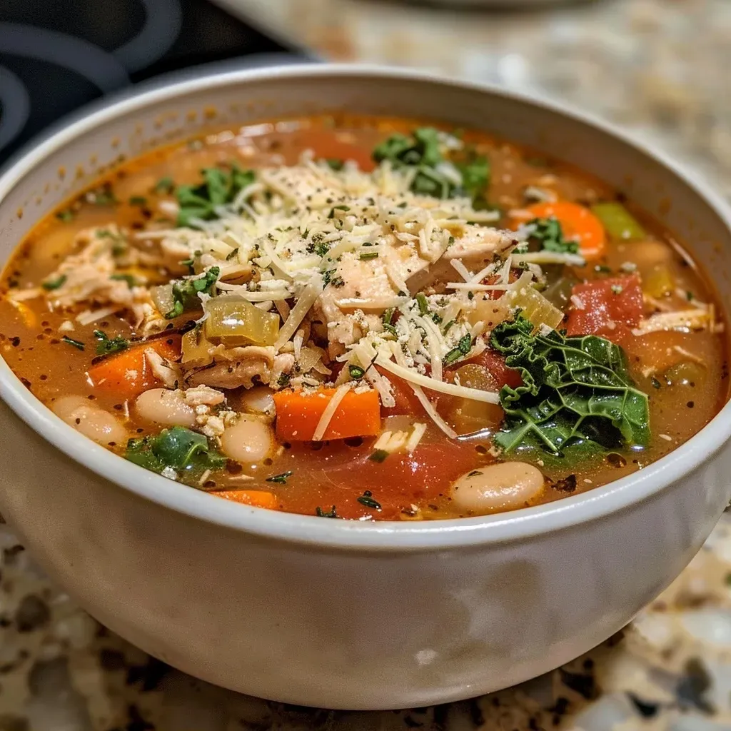 ['Close-up view of a bowl of Chicken Parmesan Soup with visible vegetables and herbs.', 'Side view of a creamy Chicken Parmesan Soup garnished with Parmesan cheese and kale.', 'Juicy Chicken Parmesan Soup featuring diced carrots, celery, and shredded chicken in a bowl.', 'Close-up of Chicken Parmesan Soup showcasing a delicious blend of ingredients and spices.']