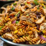 ['Close-up view of a vibrant chicken pasta salad with colorful vegetables.', 'Side view of a fresh chicken pasta salad featuring pasta, cherry tomatoes, and bell peppers.', 'Juicy chicken pasta salad displayed with bright, fresh ingredients.', 'Mouthwatering chicken pasta salad showing pasta, chicken, and assorted vegetables.']