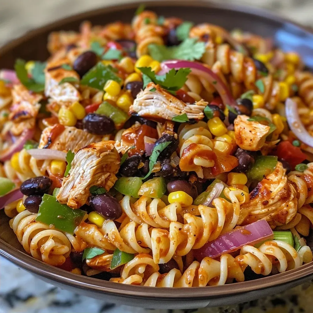 ['Close-up view of a vibrant chicken pasta salad with colorful vegetables.', 'Side view of a fresh chicken pasta salad featuring pasta, cherry tomatoes, and bell peppers.', 'Juicy chicken pasta salad displayed with bright, fresh ingredients.', 'Mouthwatering chicken pasta salad showing pasta, chicken, and assorted vegetables.']