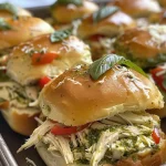 ['Close-up view of juicy Chicken Pesto Sliders with melted cheese and fresh basil.', 'Side view of Chicken Pesto Sliders stacked on a plate, showcasing layers of chicken and pesto.', 'Delicious Chicken Pesto Sliders drizzled with melted butter and garnished with fresh herbs.', 'Tantalizing Chicken Pesto Sliders on a wooden board, highlighting colorful roasted red peppers.']