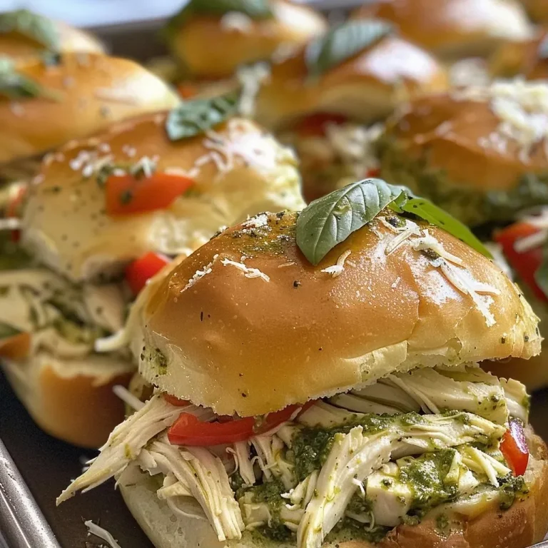 ['Close-up view of juicy Chicken Pesto Sliders with melted cheese and fresh basil.', 'Side view of Chicken Pesto Sliders stacked on a plate, showcasing layers of chicken and pesto.', 'Delicious Chicken Pesto Sliders drizzled with melted butter and garnished with fresh herbs.', 'Tantalizing Chicken Pesto Sliders on a wooden board, highlighting colorful roasted red peppers.']