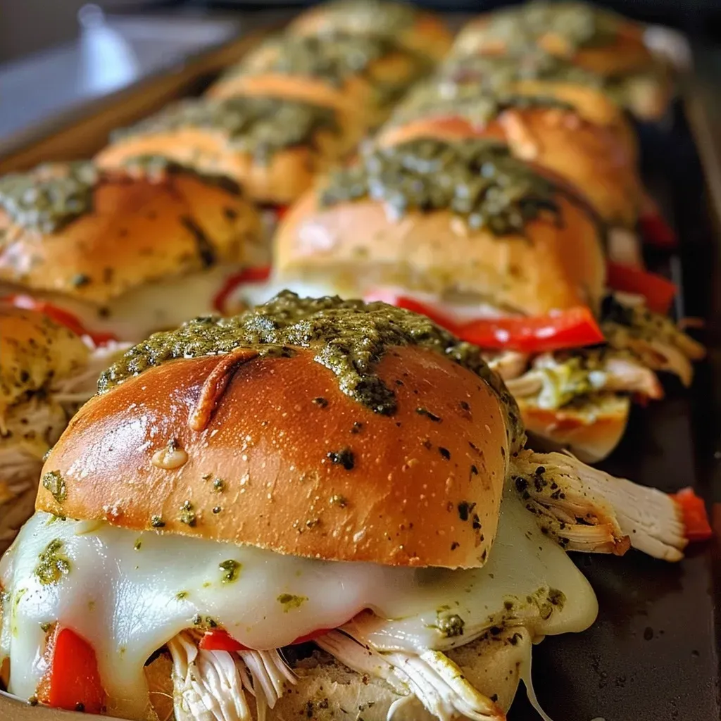 ['Close-up view of juicy Chicken Pesto Sliders with melted cheese and fresh basil.', 'Side view of Chicken Pesto Sliders stacked on a plate, showcasing layers of chicken and pesto.', 'Delicious Chicken Pesto Sliders drizzled with melted butter and garnished with fresh herbs.', 'Tantalizing Chicken Pesto Sliders on a wooden board, highlighting colorful roasted red peppers.']