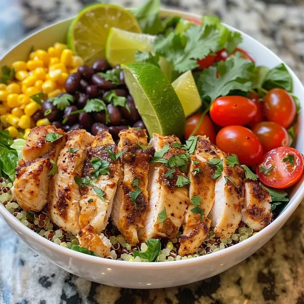 ['A vibrant bowl filled with chicken, quinoa, and fresh vegetables, captured from a side view.', 'Close-up view of a colorful Chicken Quinoa Bowl with greens, cherry tomatoes, and cooked chicken.', 'Side angle of a Chicken Quinoa Bowl showcasing layers of ingredients like black beans and corn.', 'A delicious Chicken Quinoa Bowl overflowing with healthy ingredients, photographed in natural light.']