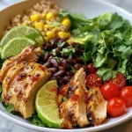 ['Close-up view of a Chicken and Quinoa Dinner Bowl filled with colorful ingredients.', 'Side view of a vibrant Chicken and Quinoa Dinner Bowl showcasing various toppings.', 'Detailed shot of a Chicken and Quinoa Dinner Bowl featuring greens, beans, and tomatoes.', 'Close-up of a nutritious Chicken and Quinoa Dinner Bowl with lime and cilantro garnish.']