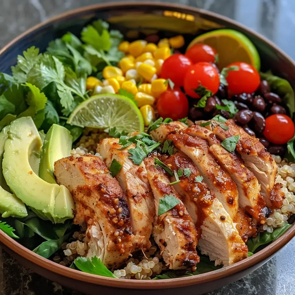 ['Close-up view of a Chicken and Quinoa Dinner Bowl filled with colorful ingredients.', 'Side view of a vibrant Chicken and Quinoa Dinner Bowl showcasing various toppings.', 'Detailed shot of a Chicken and Quinoa Dinner Bowl featuring greens, beans, and tomatoes.', 'Close-up of a nutritious Chicken and Quinoa Dinner Bowl with lime and cilantro garnish.']
