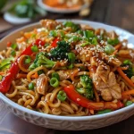 ['Close-up view of Chicken Teriyaki Noodles with colorful vegetables.', 'Side photo of juicy Chicken Teriyaki Noodles garnished with green onions.', 'Delicious Chicken Teriyaki Noodles showcasing vibrant broccoli and bell peppers.', 'Appetizing Chicken Teriyaki Noodles in a bowl, topped with sesame seeds.']