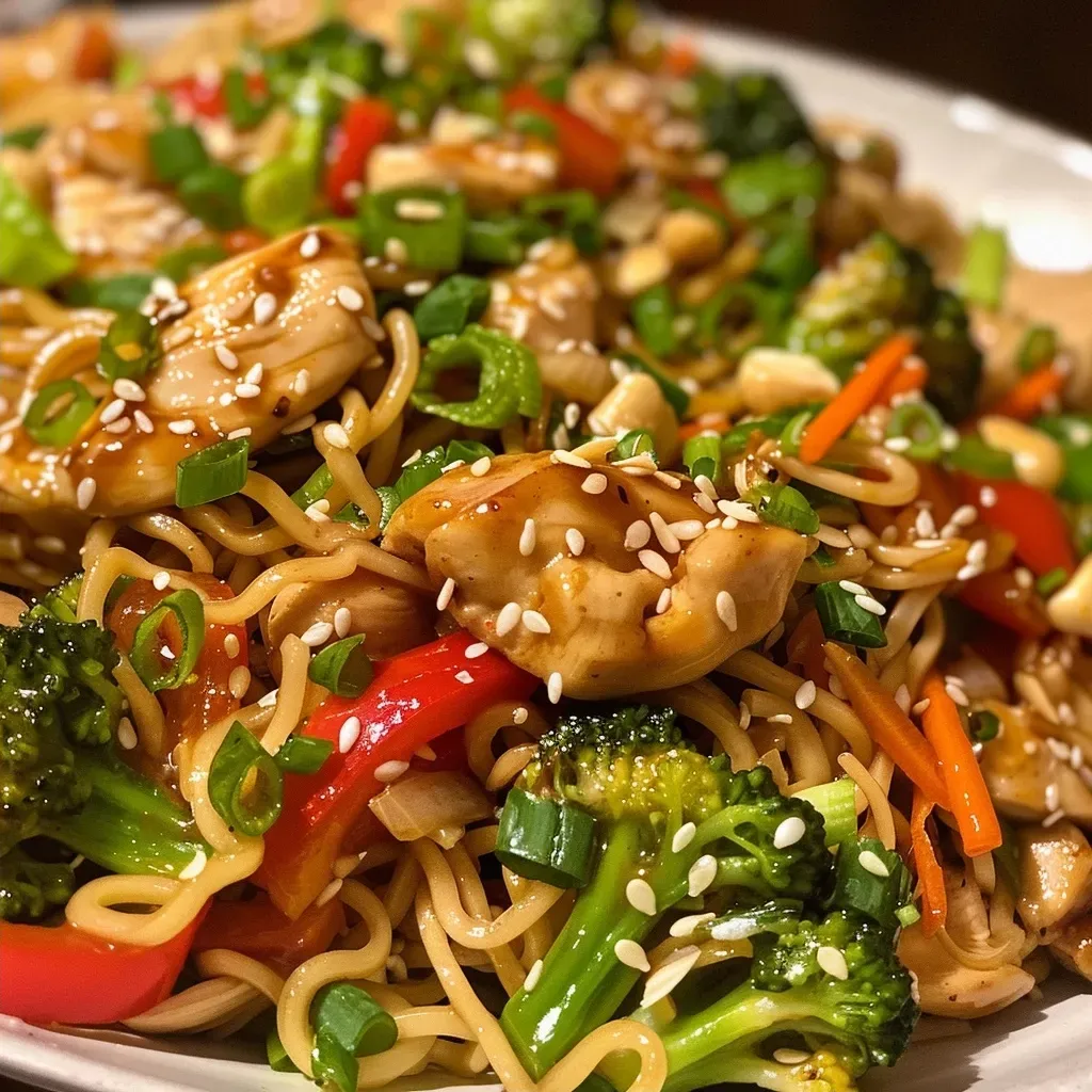 ['Close-up view of Chicken Teriyaki Noodles with colorful vegetables.', 'Side photo of juicy Chicken Teriyaki Noodles garnished with green onions.', 'Delicious Chicken Teriyaki Noodles showcasing vibrant broccoli and bell peppers.', 'Appetizing Chicken Teriyaki Noodles in a bowl, topped with sesame seeds.']