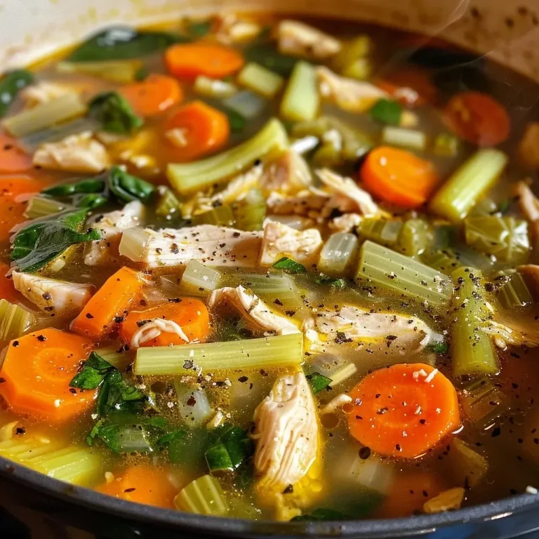 ['Close-up of a bowl of Chicken Vegetable Soup with colorful vegetables and chicken pieces.', 'Juicy Chicken Vegetable Soup featuring vibrant carrots, celery, and spices.', 'Side view of a hearty Chicken Vegetable Soup in a white bowl, showcasing fresh ingredients.', 'Delicious Chicken Vegetable Soup with pieces of chicken, spinach, and herbs, captured in detail.']