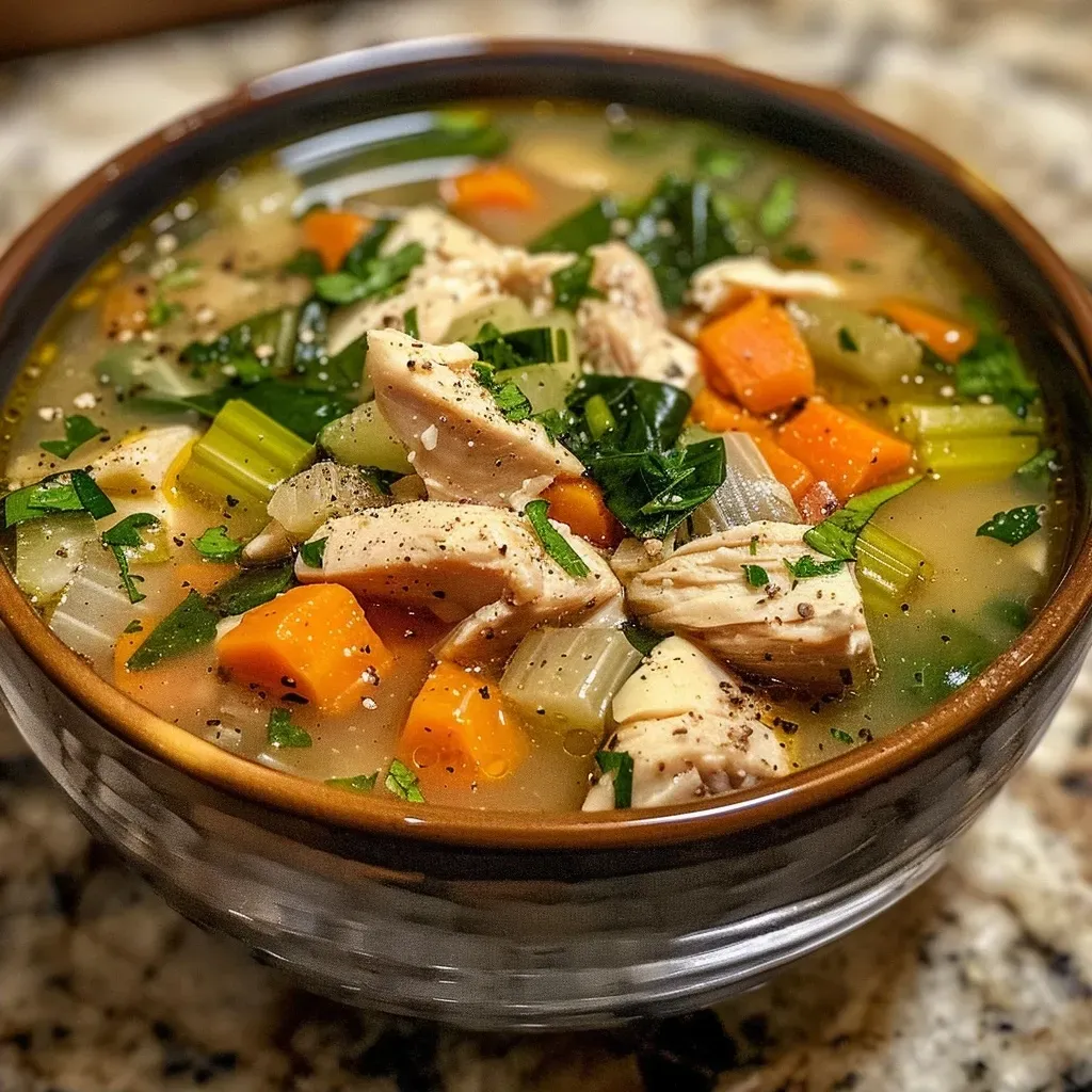 ['Close-up of a bowl of Chicken Vegetable Soup with colorful vegetables and chicken pieces.', 'Juicy Chicken Vegetable Soup featuring vibrant carrots, celery, and spices.', 'Side view of a hearty Chicken Vegetable Soup in a white bowl, showcasing fresh ingredients.', 'Delicious Chicken Vegetable Soup with pieces of chicken, spinach, and herbs, captured in detail.']