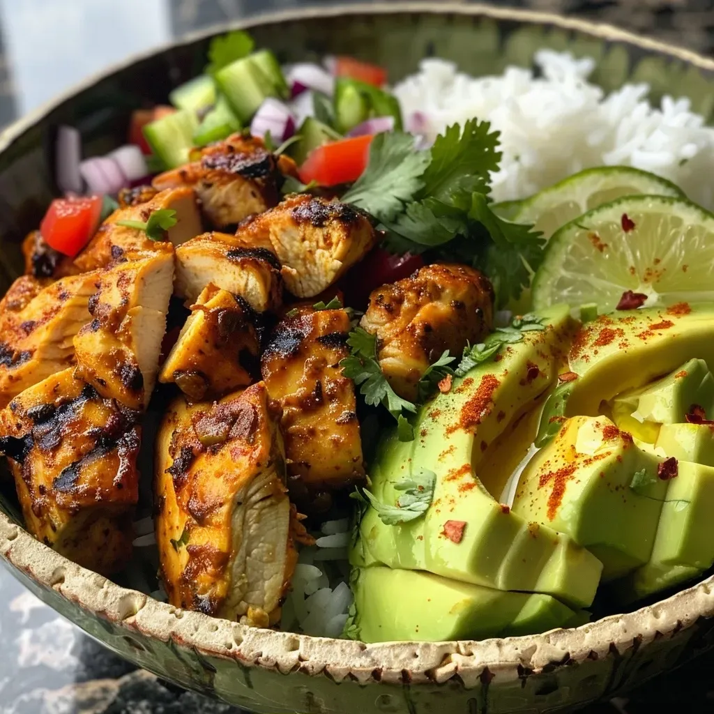 ['A close-up view of a bowl featuring sliced chili lime chicken, avocado, and assorted vegetables.', 'Juicy Chili Lime Chicken served with fresh avocado and colorful ingredients in a bowl.', 'Side view of a bowl showing vibrant avocado, grilled chicken, and a mix of fresh toppings.', 'Detailed close-up of Chili Lime Chicken and avocado in a beautifully arranged bowl.']