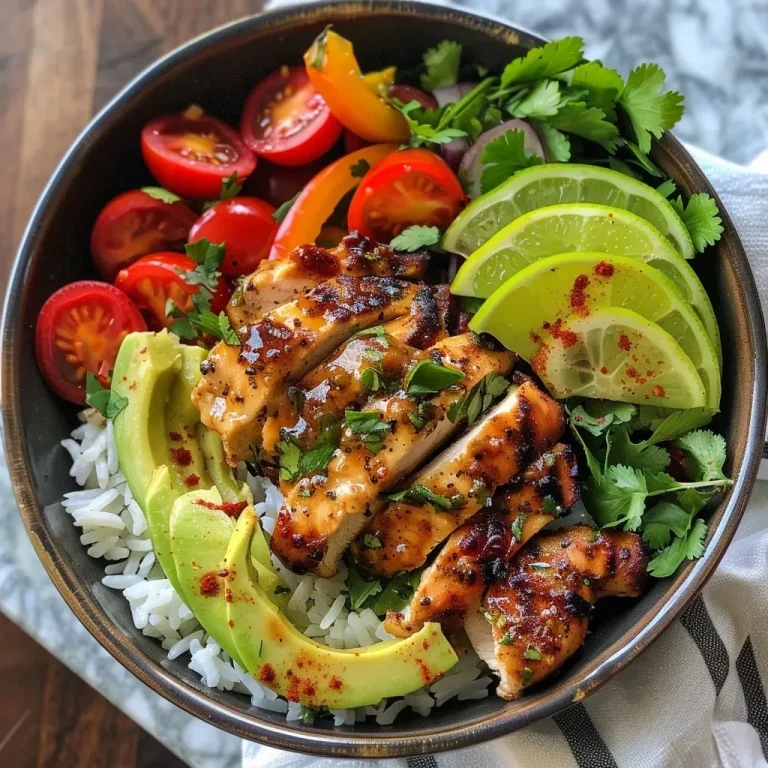 ['A close-up view of a bowl filled with colorful Chili Lime Chicken and vibrant vegetables.', 'Side shot of a Chili Lime Chicken Bowl showcasing juicy chicken, sliced peppers, and avocado.', 'A beautifully arranged Chili Lime Chicken Bowl with cilantro lime rice, cherry tomatoes, and fresh herbs.', 'Tantalizing close-up of a chicken bowl featuring lime-infused chicken, avocado slices, and bright bell peppers.']