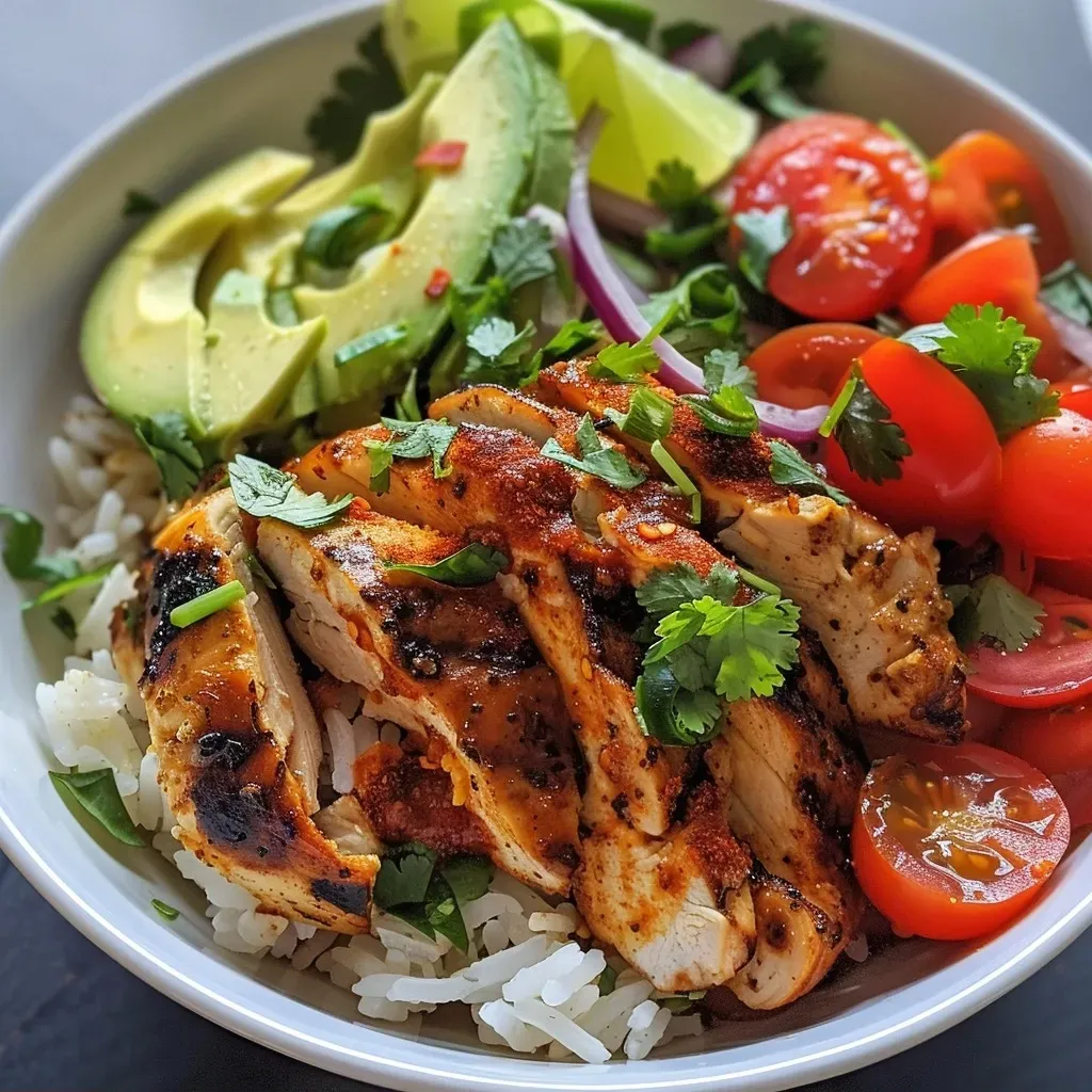 ['A close-up view of a bowl filled with colorful Chili Lime Chicken and vibrant vegetables.', 'Side shot of a Chili Lime Chicken Bowl showcasing juicy chicken, sliced peppers, and avocado.', 'A beautifully arranged Chili Lime Chicken Bowl with cilantro lime rice, cherry tomatoes, and fresh herbs.', 'Tantalizing close-up of a chicken bowl featuring lime-infused chicken, avocado slices, and bright bell peppers.']