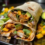 ['Close-up view of a vibrant chili lime chicken wrap with mango avocado salsa, sliced in half.', 'Juicy chili lime chicken wrap filled with colorful mango and avocado salsa, displayed on a wooden surface.', 'Side view of a juicy chicken wrap featuring mango avocado salsa, showcasing fresh ingredients.', 'Delicious chili lime chicken wrap cut open, revealing a filling of mango and avocado salsa.']