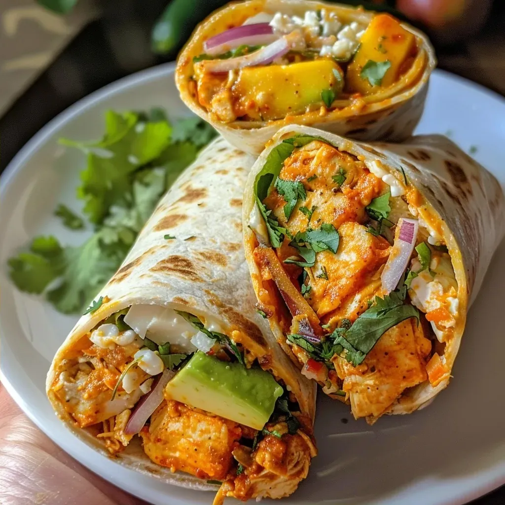 ['Close-up view of a vibrant chili lime chicken wrap with mango avocado salsa, sliced in half.', 'Juicy chili lime chicken wrap filled with colorful mango and avocado salsa, displayed on a wooden surface.', 'Side view of a juicy chicken wrap featuring mango avocado salsa, showcasing fresh ingredients.', 'Delicious chili lime chicken wrap cut open, revealing a filling of mango and avocado salsa.']