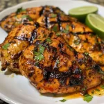 ['Close-up view of juicy grilled chicken coated with chili lime seasoning.', 'Side view of grilled chicken breast garnished with lime and cilantro.', 'Detailed image of Chili Lime Grilled Chicken on a plate with lime slices.', 'Juicy chicken filet with vibrant spices and fresh herbs in close-up.']