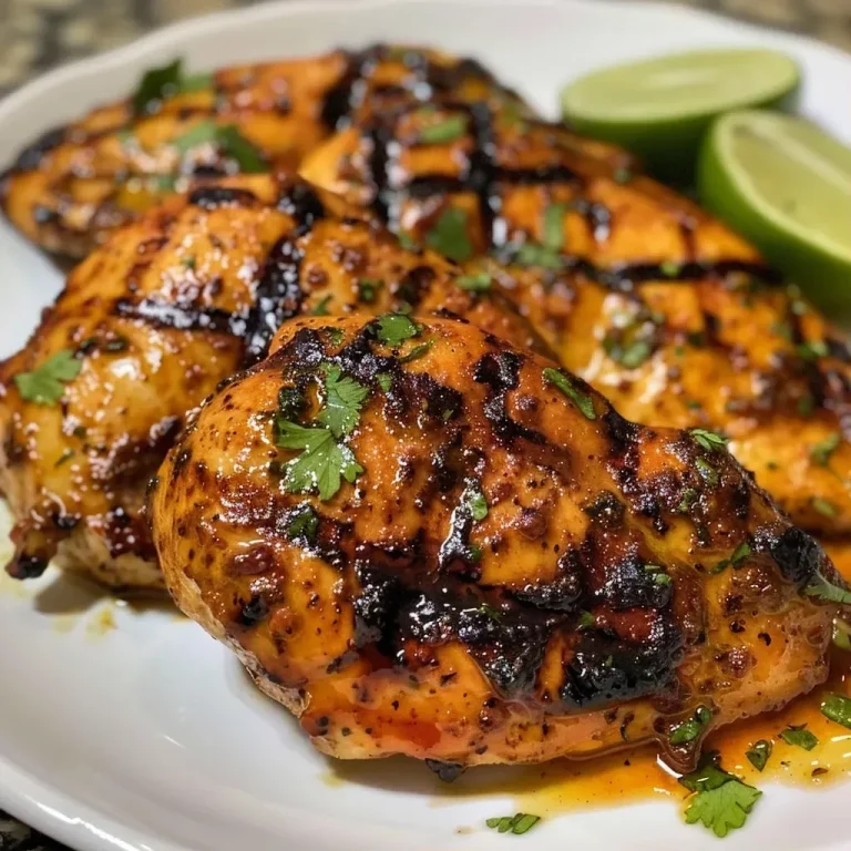 ['Close-up view of juicy grilled chicken coated with chili lime seasoning.', 'Side view of grilled chicken breast garnished with lime and cilantro.', 'Detailed image of Chili Lime Grilled Chicken on a plate with lime slices.', 'Juicy chicken filet with vibrant spices and fresh herbs in close-up.']