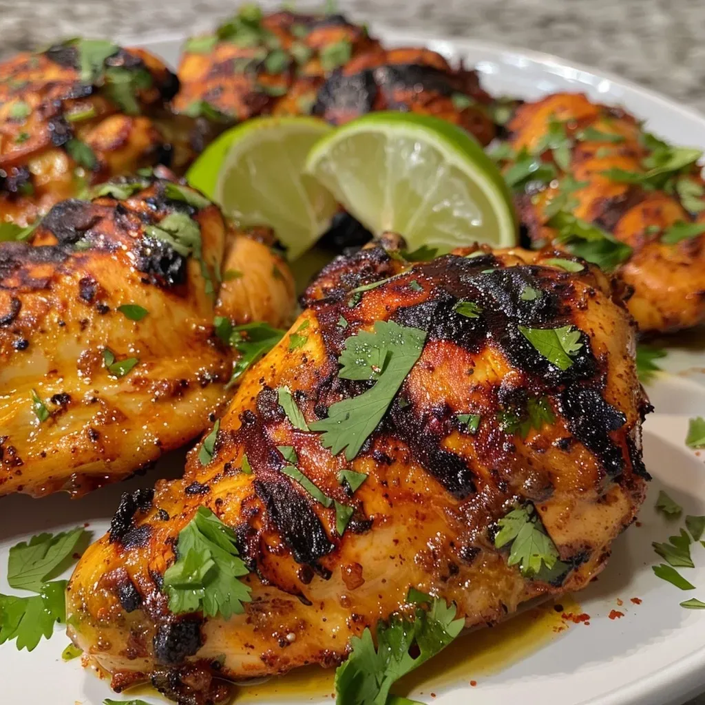 ['Close-up view of juicy grilled chicken coated with chili lime seasoning.', 'Side view of grilled chicken breast garnished with lime and cilantro.', 'Detailed image of Chili Lime Grilled Chicken on a plate with lime slices.', 'Juicy chicken filet with vibrant spices and fresh herbs in close-up.']