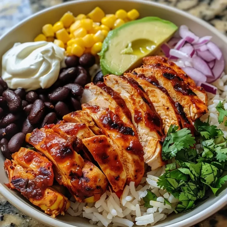 ['Juicy Chipotle Chicken Bowl with colorful ingredients featuring chicken, rice, beans, and corn.', 'Close-up of a Chipotle Chicken Bowl showcasing grilled chicken strips, black beans, and fresh cilantro.', 'Side view of a vibrant Chipotle Chicken Bowl filled with chicken, rice, corn, and garnishes.', 'Delicious Chipotle Chicken Bowl highlighting smoky chicken, red onion, and sour cream.']