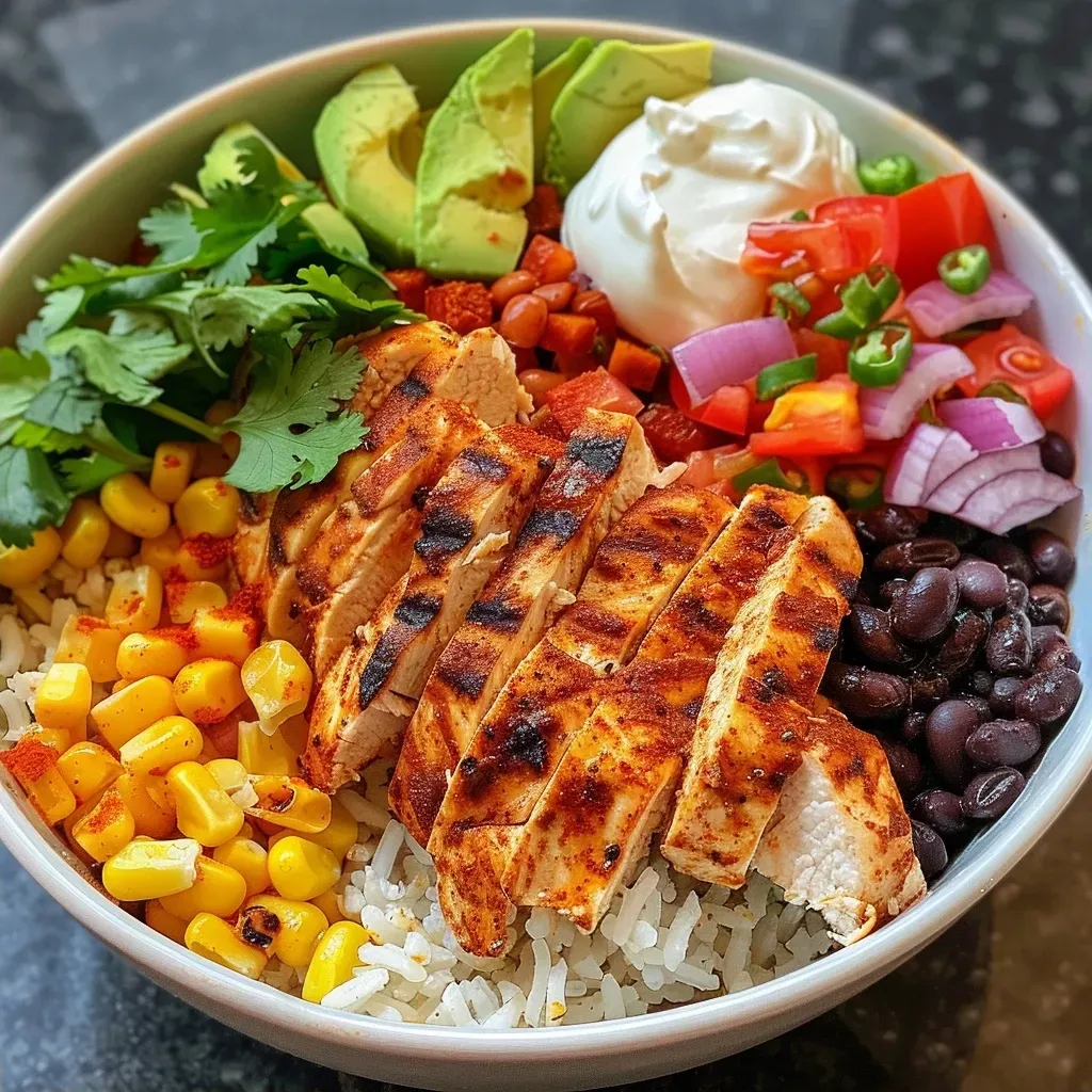 ['Juicy Chipotle Chicken Bowl with colorful ingredients featuring chicken, rice, beans, and corn.', 'Close-up of a Chipotle Chicken Bowl showcasing grilled chicken strips, black beans, and fresh cilantro.', 'Side view of a vibrant Chipotle Chicken Bowl filled with chicken, rice, corn, and garnishes.', 'Delicious Chipotle Chicken Bowl highlighting smoky chicken, red onion, and sour cream.']