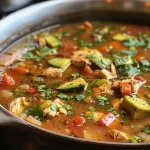 ['Close-up of a bowl of Chipotle Chicken Soup with visible chunks of chicken, avocado, and vibrant vegetables.', 'Side view of a hearty Chipotle Chicken Soup featuring diced onions, celery, and spices in a rustic bowl.', 'Detailed shot of Chipotle Chicken Soup highlighting fresh ingredients like bell pepper and herbs in a bright broth.', 'Juicy Chipotle Chicken Soup with a garnish of avocado and cilantro, served in a white bowl.']