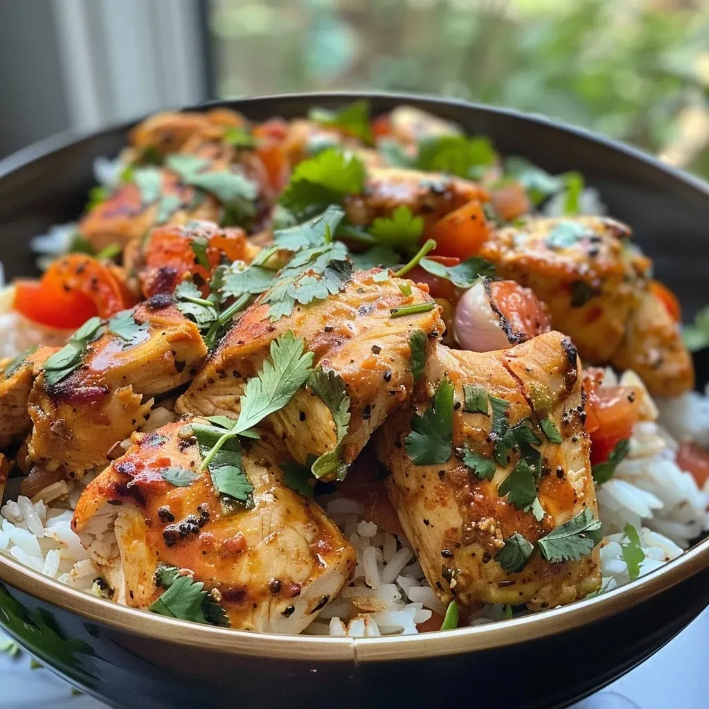 ['Close-up view of a Coconut Chicken Rice Bowl with diced chicken and garnishes.', 'Side angle of a vibrant Coconut Chicken Rice Bowl featuring rice and fresh herbs.', 'Juicy Coconut Chicken Rice Bowl with coconut milk and colorful toppings displayed.', 'Detailed image of a Coconut Chicken Rice Bowl showcasing ingredients like chicken and cilantro.']