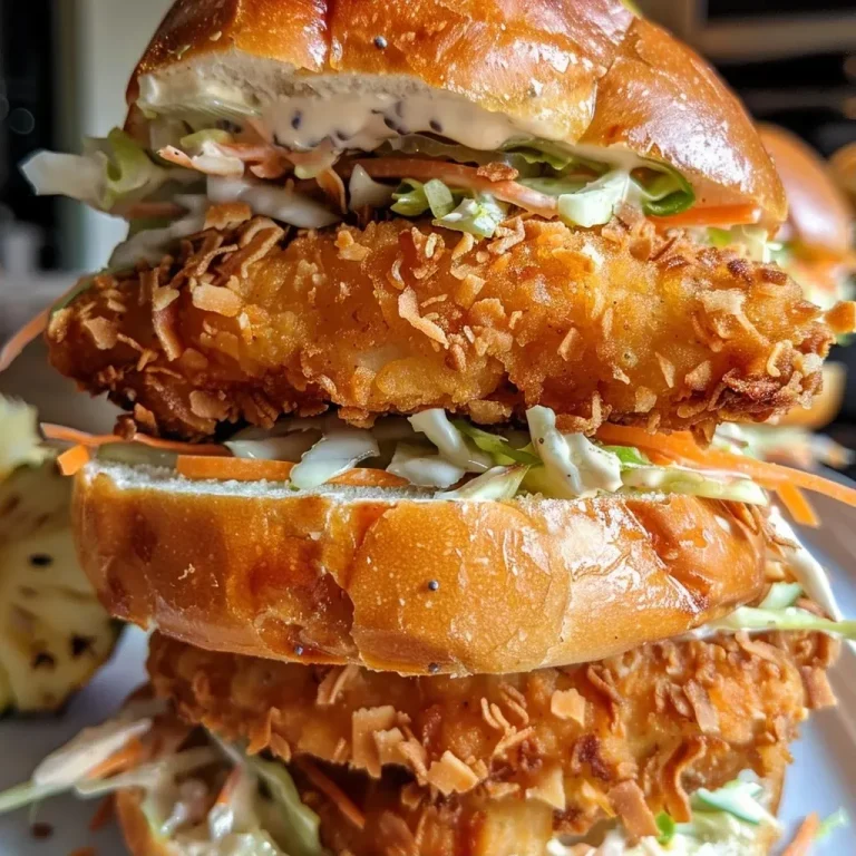 ['Close-up of a Coconut Crunch Chicken Sandwich on a brioche bun, with lettuce and pineapple slices.', 'Side view of a Coconut Crunch Chicken Sandwich showcasing crispy chicken, shredded coconut, and a drizzle of sriracha mayo.', 'Juicy Coconut Crunch Chicken Sandwich displayed on a plate with garnishes of coleslaw and fresh cilantro.', 'Detailed view of a Coconut Crunch Chicken Sandwich, highlighting its golden crust and vibrant toppings.']