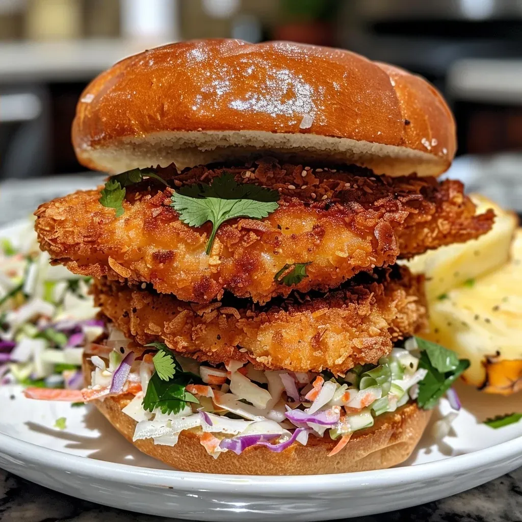 ['Close-up of a Coconut Crunch Chicken Sandwich on a brioche bun, with lettuce and pineapple slices.', 'Side view of a Coconut Crunch Chicken Sandwich showcasing crispy chicken, shredded coconut, and a drizzle of sriracha mayo.', 'Juicy Coconut Crunch Chicken Sandwich displayed on a plate with garnishes of coleslaw and fresh cilantro.', 'Detailed view of a Coconut Crunch Chicken Sandwich, highlighting its golden crust and vibrant toppings.']