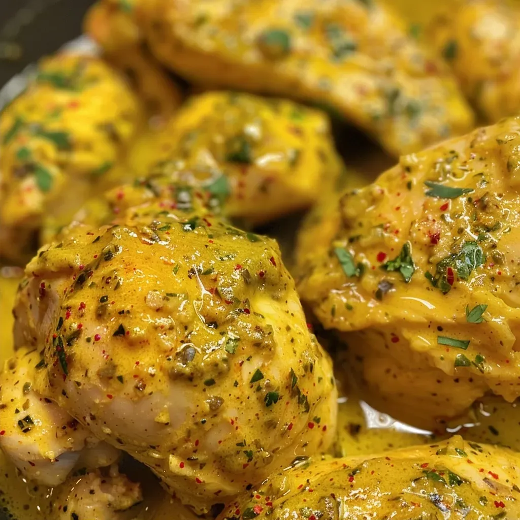 ['Close-up view of coconut curry chicken marinade in a bowl, showcasing vibrant spices.', 'Juicy chicken breasts coated in a golden coconut curry marinade, arranged appealingly in a dish.', 'Side view of chicken in marinade, highlighting the texture and color of the coconut curry sauce.', 'Detailed shot of ingredients in a marinade, emphasizing fresh herbs and spices mixed with chicken.']