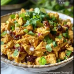 ['Close-up view of a coconut curry chicken salad in a bowl, with visible chunks of chicken and colorful vegetables.', 'Side view of a vibrant coconut curry chicken salad, showcasing ingredients like celery, green onion, and dried currants.', 'Juicy coconut curry chicken salad with fresh herbs, yogurt, and spices, displayed in a bowl.', 'Detailed shot of a mayo-free coconut curry chicken salad, highlighting the textures and colors of the mixed ingredients.']