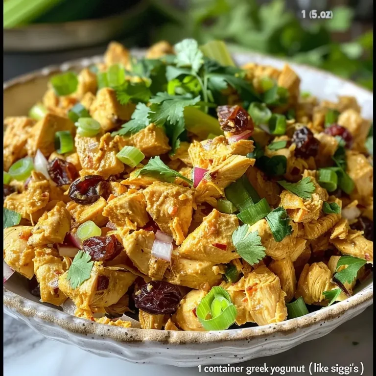 ['Close-up view of a coconut curry chicken salad in a bowl, with visible chunks of chicken and colorful vegetables.', 'Side view of a vibrant coconut curry chicken salad, showcasing ingredients like celery, green onion, and dried currants.', 'Juicy coconut curry chicken salad with fresh herbs, yogurt, and spices, displayed in a bowl.', 'Detailed shot of a mayo-free coconut curry chicken salad, highlighting the textures and colors of the mixed ingredients.']