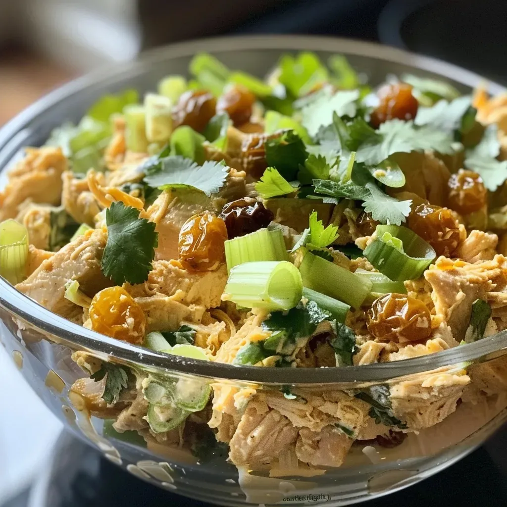 ['Close-up view of a coconut curry chicken salad in a bowl, with visible chunks of chicken and colorful vegetables.', 'Side view of a vibrant coconut curry chicken salad, showcasing ingredients like celery, green onion, and dried currants.', 'Juicy coconut curry chicken salad with fresh herbs, yogurt, and spices, displayed in a bowl.', 'Detailed shot of a mayo-free coconut curry chicken salad, highlighting the textures and colors of the mixed ingredients.']