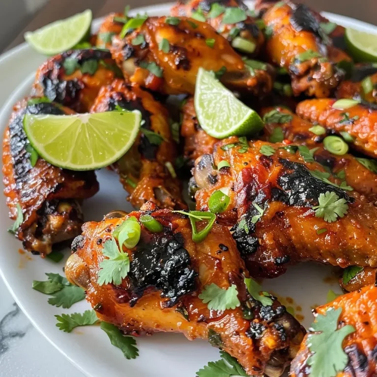 ['Close-up of juicy Coconut Curry Chicken Wings garnished with cilantro and lime wedges.', 'Side view of tender chicken wings coated in coconut curry sauce, served with lime slices and scallions.', 'Delicious Coconut Curry Chicken Wings presented on a plate, showcasing vibrant colors and fresh herbs.', 'Mouthwatering Coconut Curry Chicken Wings, highlighting the golden curry glaze and fresh garnish.']