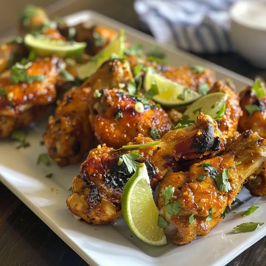 ['Close-up of juicy Coconut Curry Chicken Wings garnished with cilantro and lime wedges.', 'Side view of tender chicken wings coated in coconut curry sauce, served with lime slices and scallions.', 'Delicious Coconut Curry Chicken Wings presented on a plate, showcasing vibrant colors and fresh herbs.', 'Mouthwatering Coconut Curry Chicken Wings, highlighting the golden curry glaze and fresh garnish.']