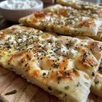 ['Close-up view of fluffy cottage cheese flatbread on a wooden surface.', 'Side angle of golden-brown cottage cheese flatbread with a soft texture.', 'Juicy cottage cheese flatbread displayed on a rustic table with visible ingredients.', 'Irresistible cottage cheese flatbread showcasing a light, airy structure.']
