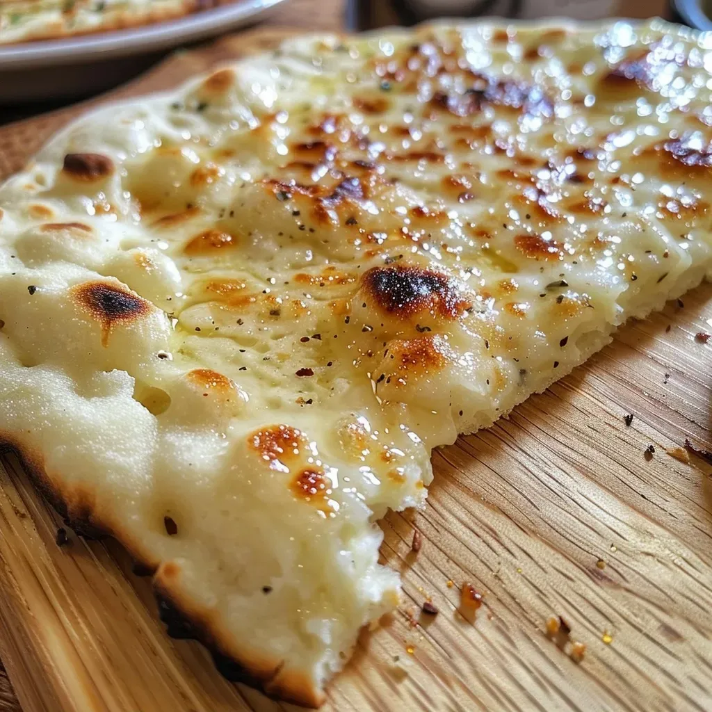 ['Close-up view of fluffy cottage cheese flatbread on a wooden surface.', 'Side angle of golden-brown cottage cheese flatbread with a soft texture.', 'Juicy cottage cheese flatbread displayed on a rustic table with visible ingredients.', 'Irresistible cottage cheese flatbread showcasing a light, airy structure.']