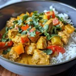 ['Close-up of cozy coconut curry chicken in a crockpot, featuring vibrant vegetables.', 'Juicy chicken chunks in a creamy coconut curry sauce with colorful bell peppers and carrots.', 'A mouthwatering bowl of crockpot coconut curry chicken garnished with fresh cilantro.', 'Side view of hearty coconut curry chicken with ingredients like bell peppers and onions visible.']