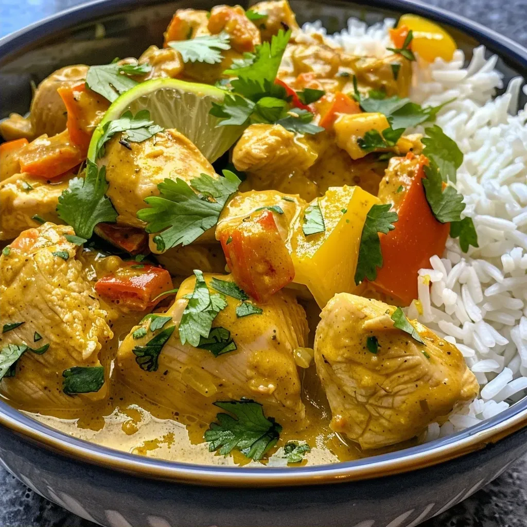 ['Close-up of cozy coconut curry chicken in a crockpot, featuring vibrant vegetables.', 'Juicy chicken chunks in a creamy coconut curry sauce with colorful bell peppers and carrots.', 'A mouthwatering bowl of crockpot coconut curry chicken garnished with fresh cilantro.', 'Side view of hearty coconut curry chicken with ingredients like bell peppers and onions visible.']