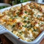 ['Close-up view of a creamy chicken casserole topped with melted cheese.', 'Side view of a delicious creamy chicken casserole with golden cheese.', 'Juicy chicken casserole with a creamy texture and cheese topping.', 'Rich and creamy chicken casserole served in a dish, garnished with parsley.']